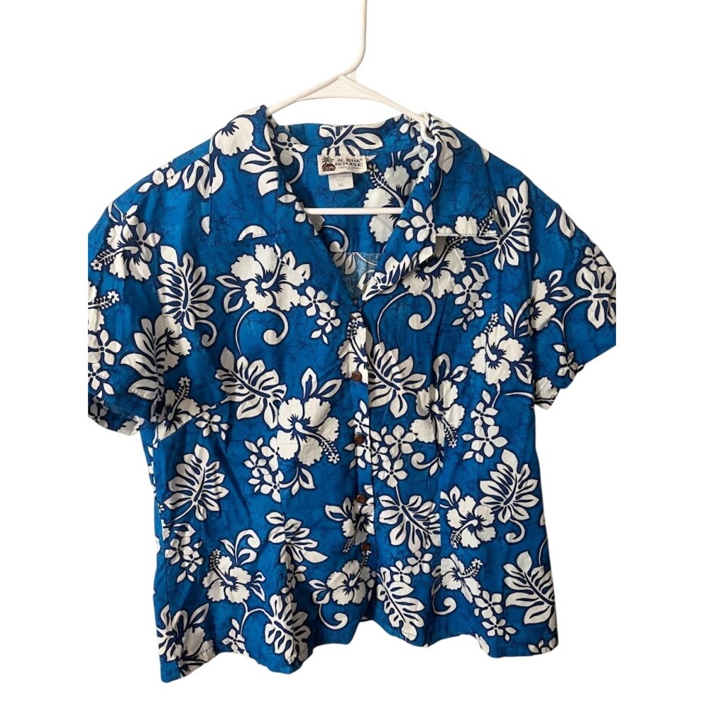 Aloha Republic Mens XL Hawaiian Shirt Blue White Hibiscus Floral Made in USA